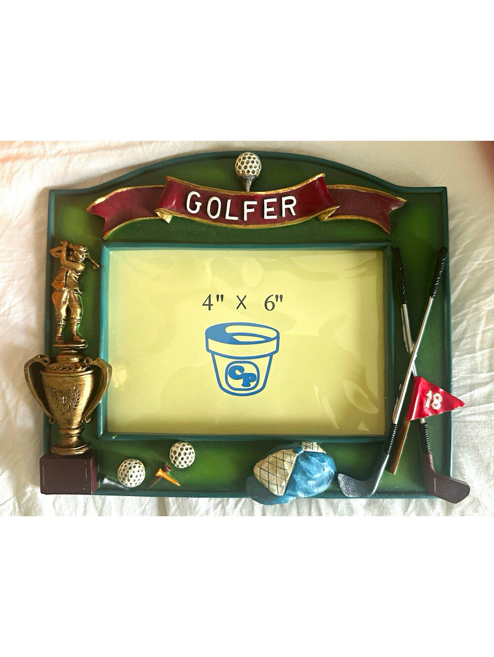 Vintage Golf-Themed 4x6 3D Resin Photo Frame, Freestanding, Green, Clear Glass